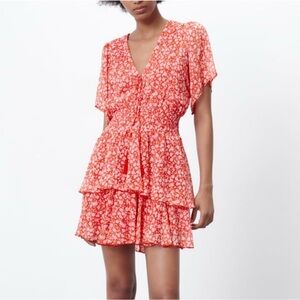 Zara | Floral Red V-Neck Dress